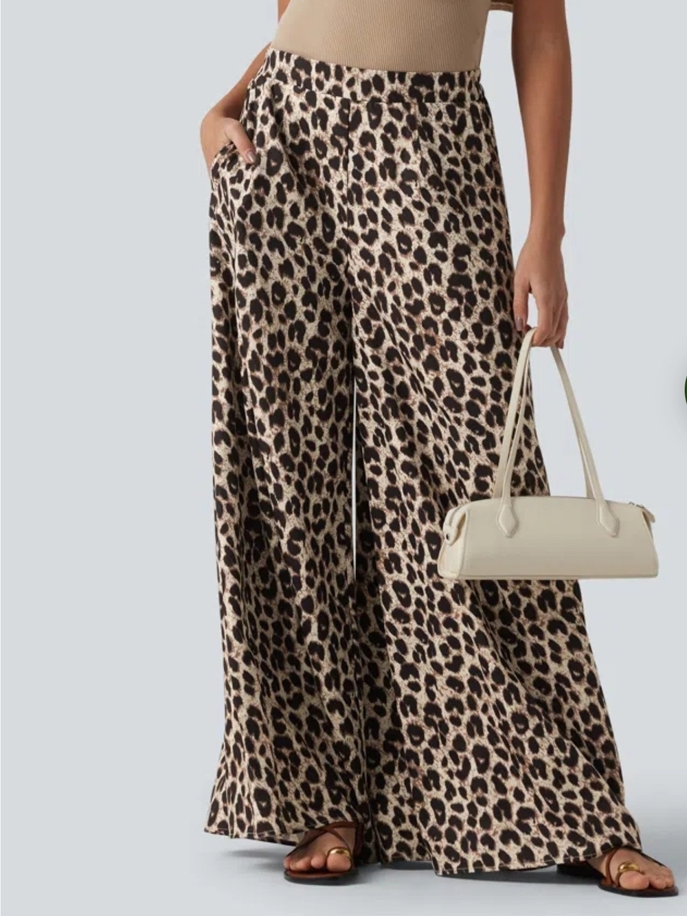 High Waisted Wide Leg Leopard Print Casual Pants with Pockets - Picture 4 of 5